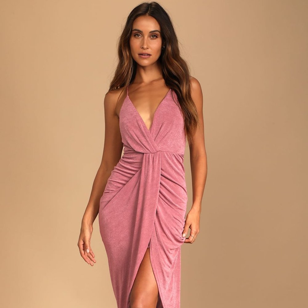 Lulu's Dreamy Date Rose Pink Surplice Midi Dress S